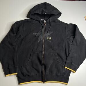 Vintage Split Hoodie Zip Up Black Yellow Trim Star Logo Y2K Skatewear Size S